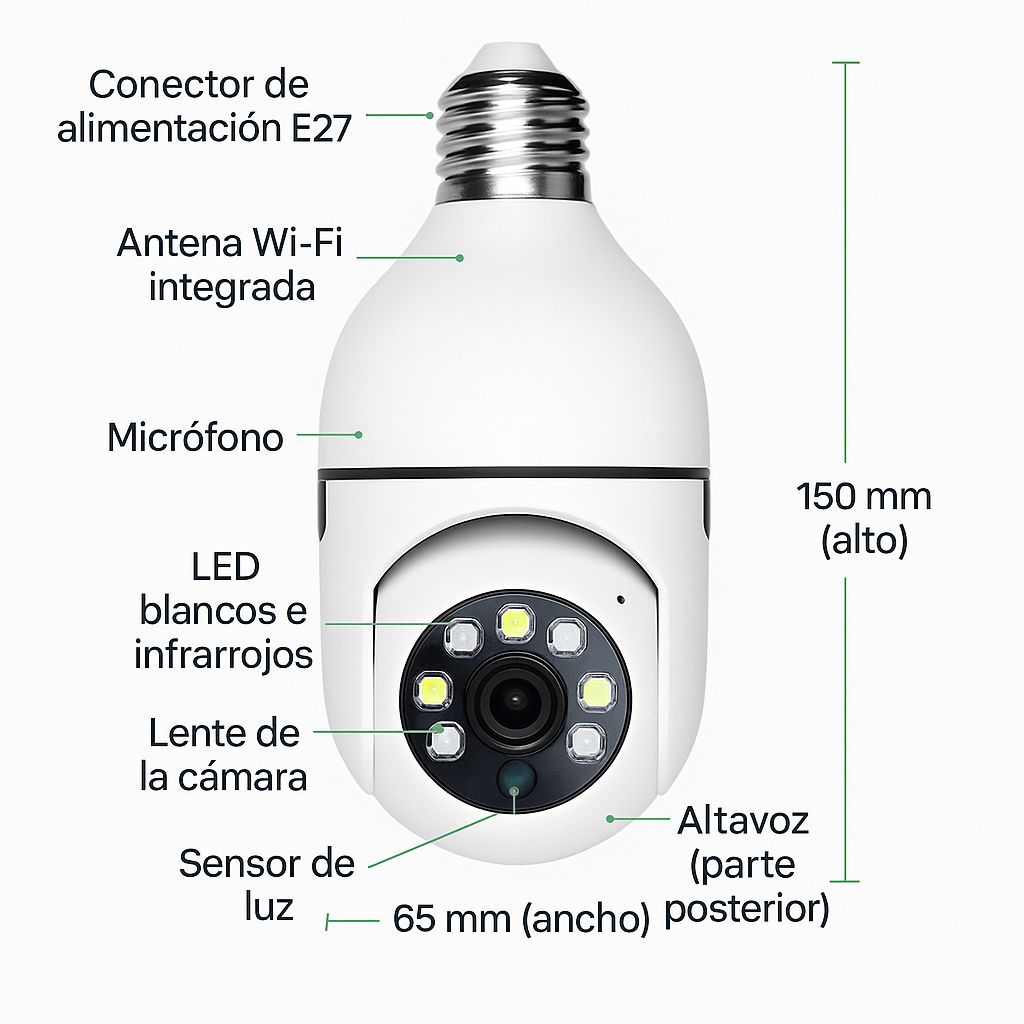 Cámara Bombilla Inteligente WiFi 1080p | Visión 360°, Audio Bidireccional y Control Remoto por App